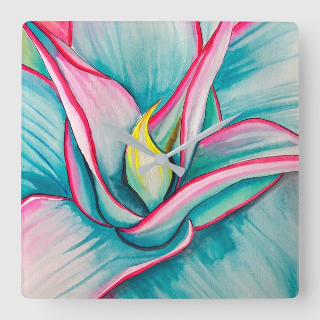 Reloj Cuadrado Agua de Agave suculenta arte fino (Anverso)