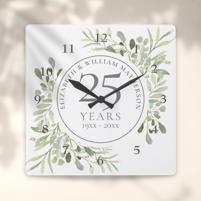 Reloj Cuadrado Agua suave deja 25 años de Boda (Soft Watercolour Leaves 25th Wedding Anniversary Square Wall Clock)