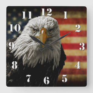 Reloj Cuadrado Águila calva americana sobre bandera ondulada