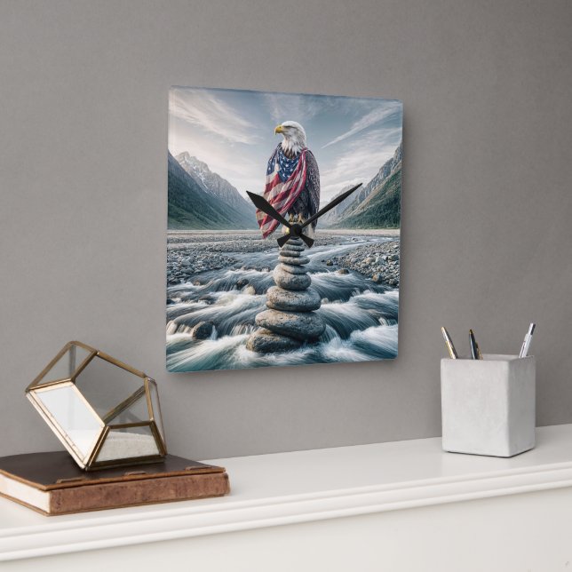 Reloj Cuadrado Águila Calva Con Bandera Estadounidense En Cairn (Oficina)