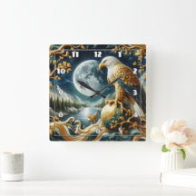 Águila encaramada en la rama bajo la luna llena