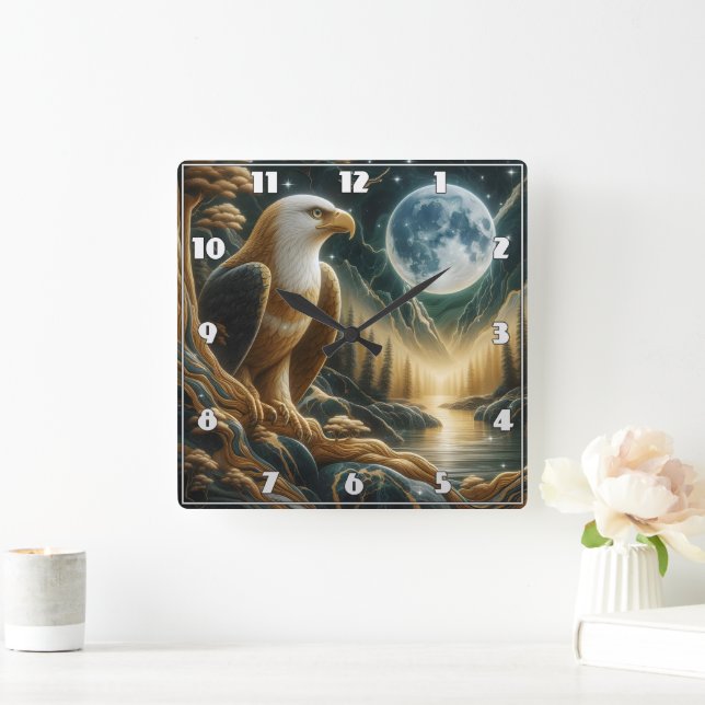 Reloj Cuadrado Águila majestuosa encaramada por el río Moonlit (Hogar)
