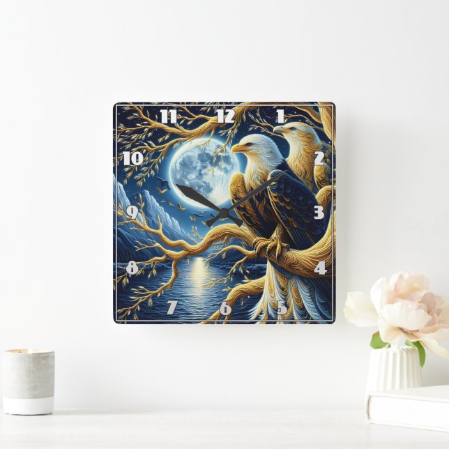 Reloj Cuadrado Águilas encaramadas en una rama bajo el cielo luna (Hogar)
