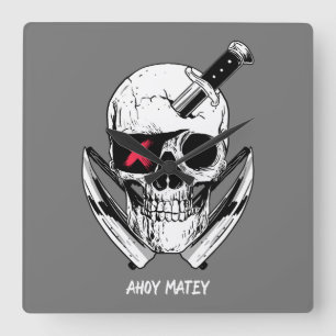 Reloj Cuadrado Ahoy Matey Pirate Skull Wall Clock