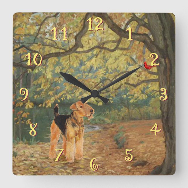 Reloj Cuadrado Airedale Terrier Observando Aves (Anverso)