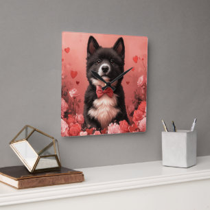 Reloj Cuadrado Akita Americano con Rosas - Día de San Valentín