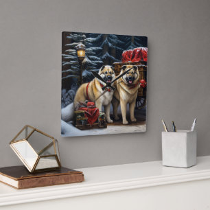Reloj Cuadrado Akita Americano Paseo en Trineo Nevado Decoración 