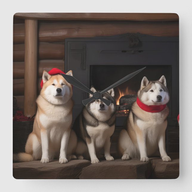 Reloj Cuadrado Akita por los Navidades de la chimenea (Anverso)