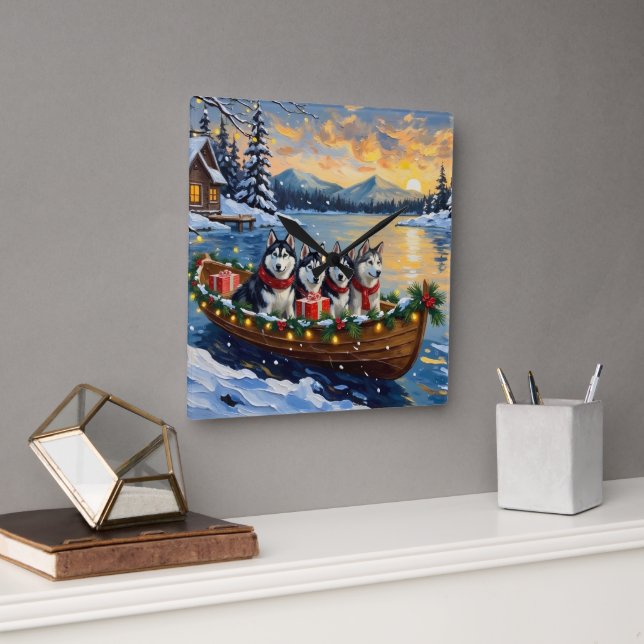 Reloj Cuadrado Alaskan Malamute Christmas Boat Holiday (Oficina)