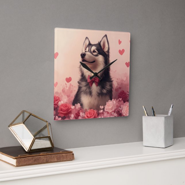 Reloj Cuadrado Alaskan Malamute con Rosas - El día de San Valentí (Oficina)