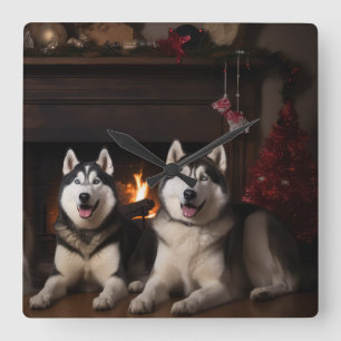 Reloj Cuadrado Alaskan Malamute junto a los Navidades de la chime