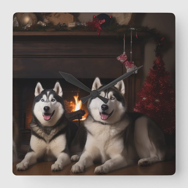 Reloj Cuadrado Alaskan Malamute junto a los Navidades de la chime (Anverso)