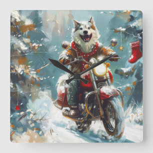 Reloj Cuadrado Alaskan Malamute Perro Montando Motocicleta Navida