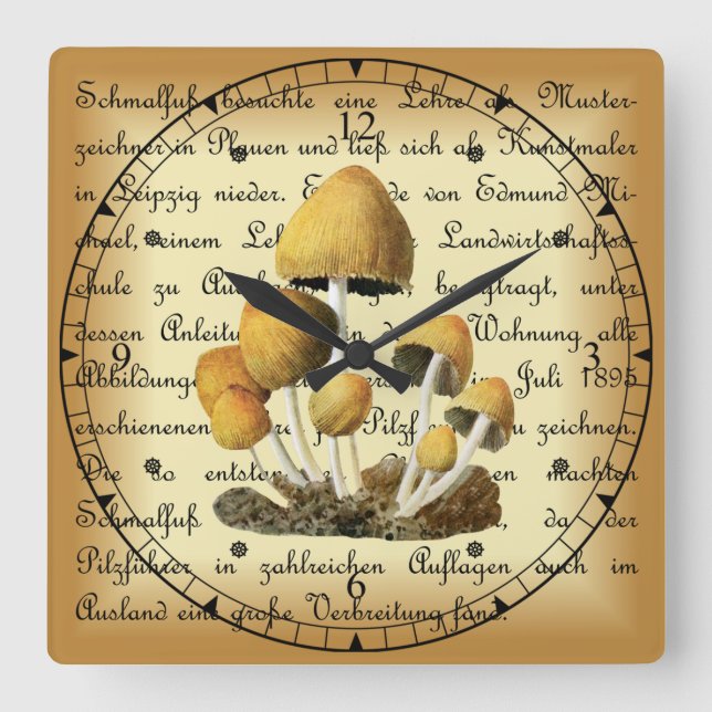 Reloj Cuadrado Albin Schmalfuß ~ Glimmertintling-1~ Mushrooms ~ (Anverso)