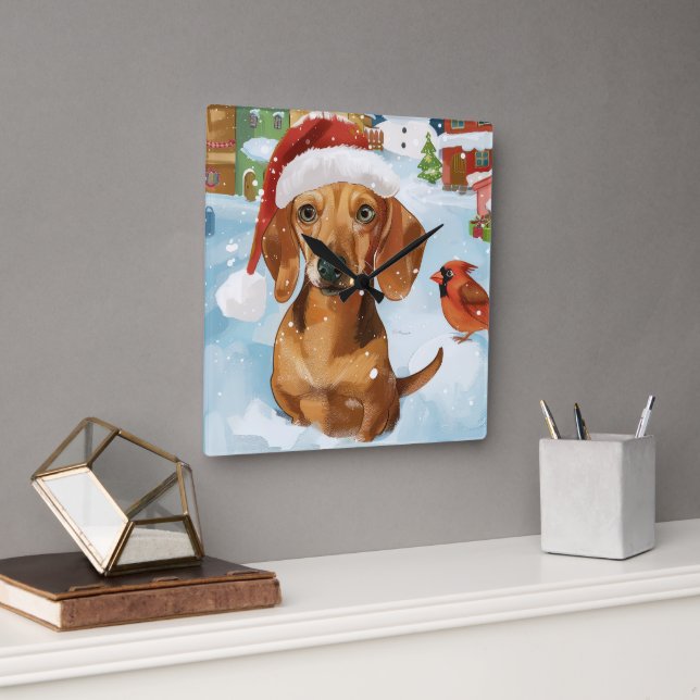 Reloj Cuadrado Alegría de los Navidades de Invierno de Dachshund (Oficina)