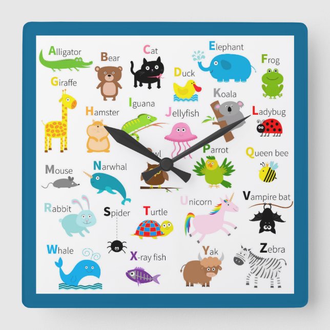 Reloj Cuadrado Alfabeto con dibujos y letras animales (Anverso)
