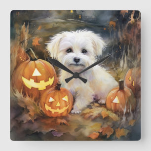 Reloj Cuadrado Algodón De Tulear De Halloween Con Calabazas Asust