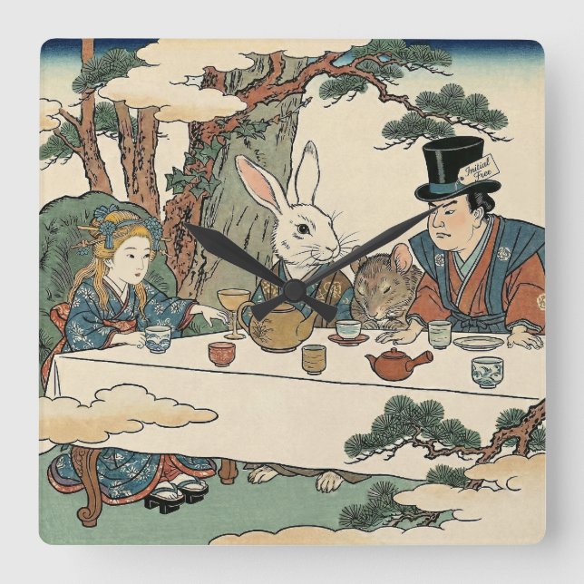 Reloj Cuadrado Alice Lost in Japan | Ukiyo-e Mad Tea Party (Anverso)