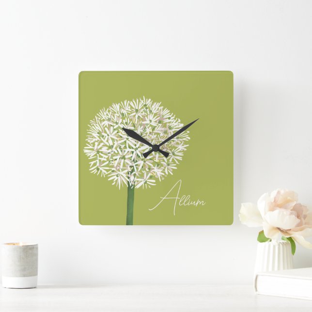 Reloj Cuadrado  Allium Flower Botanical Art | Elegant Flora (Hogar)