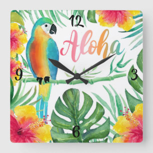 Reloj Cuadrado Aloha Tropical Parrot Hibiscus Palm Square Wall Cl