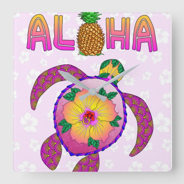 Reloj Cuadrado Aloha Tropical Turtle (Anverso)