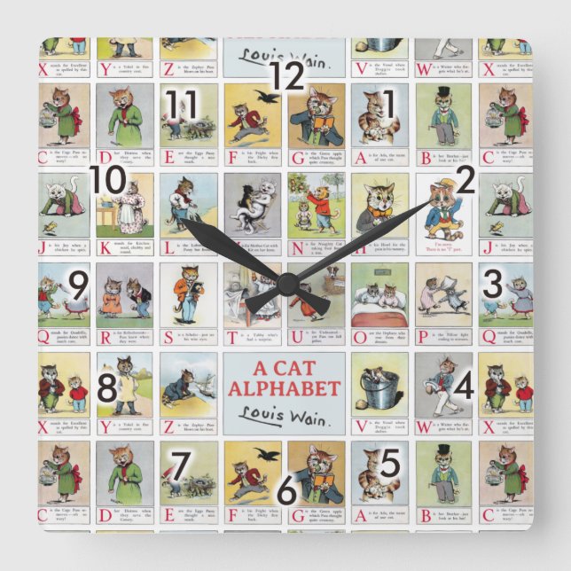 Reloj Cuadrado Alphabet Cat, Louis Wain (Anverso)