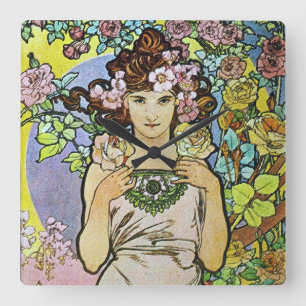 Reloj Cuadrado Alphonse Mucha Art Nouveau chica floral
