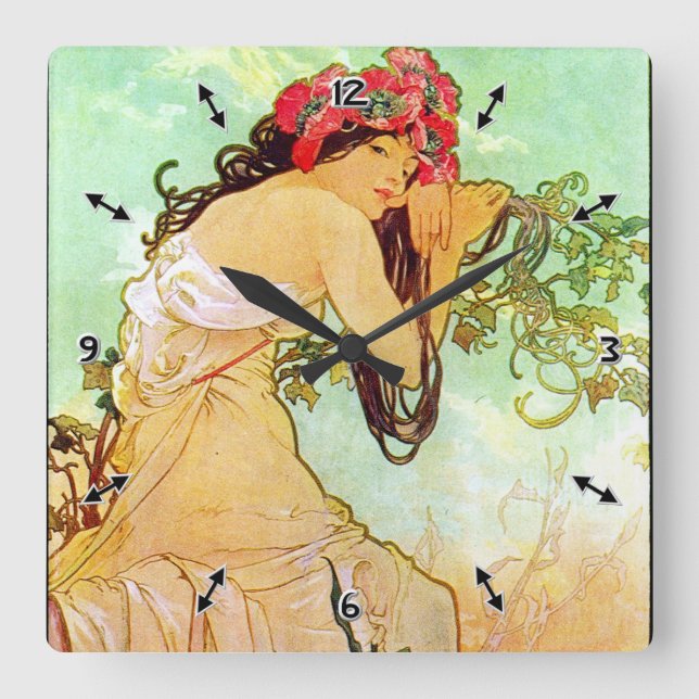 Reloj Cuadrado Alphonse Mucha Chica Por El Estanque (Anverso)