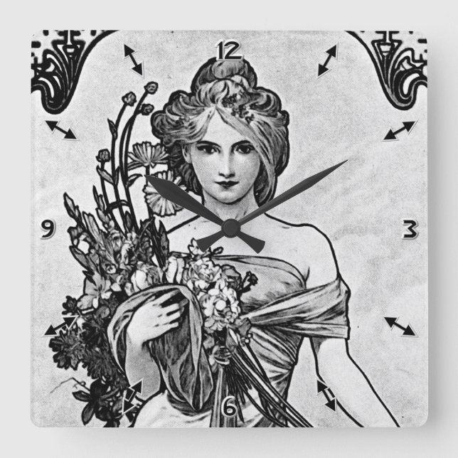 Reloj Cuadrado Alphonse Mucha Flores rotas (Anverso)