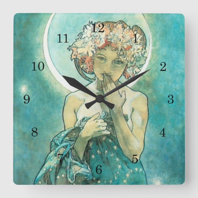 Reloj Cuadrado Alphonse Mucha Moonlight Clair De Lune Art Nouveau (Anverso)