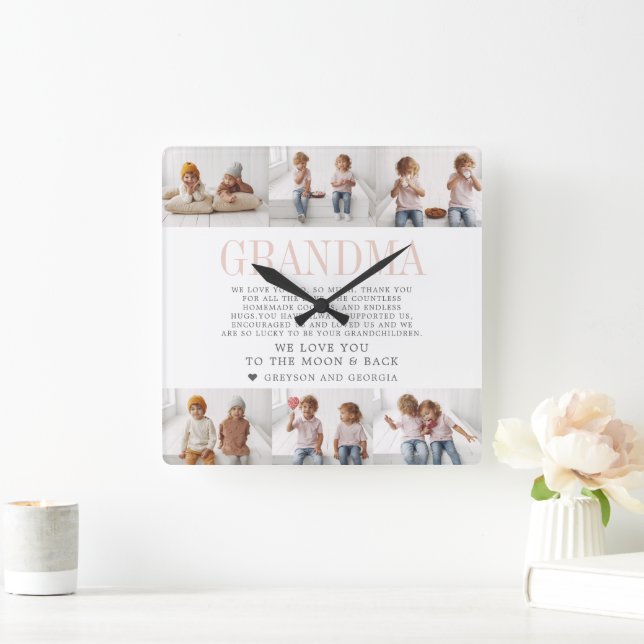 Reloj Cuadrado Ama tu abuela | Collage de fotos de mensajes Perso (Hogar)