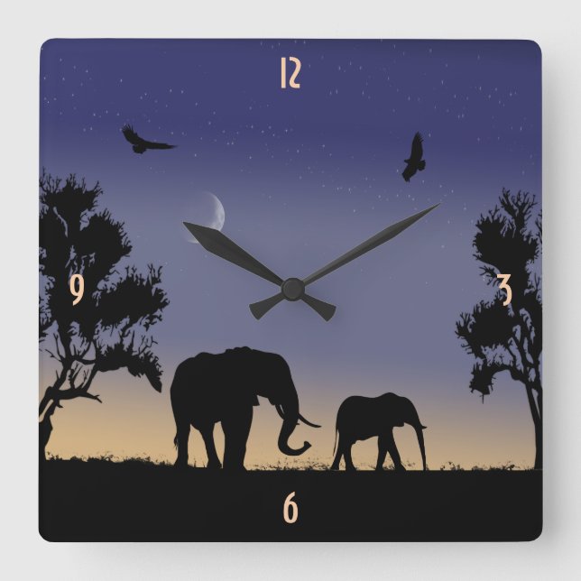 Reloj Cuadrado Amanecer africano - elefantes (Anverso)