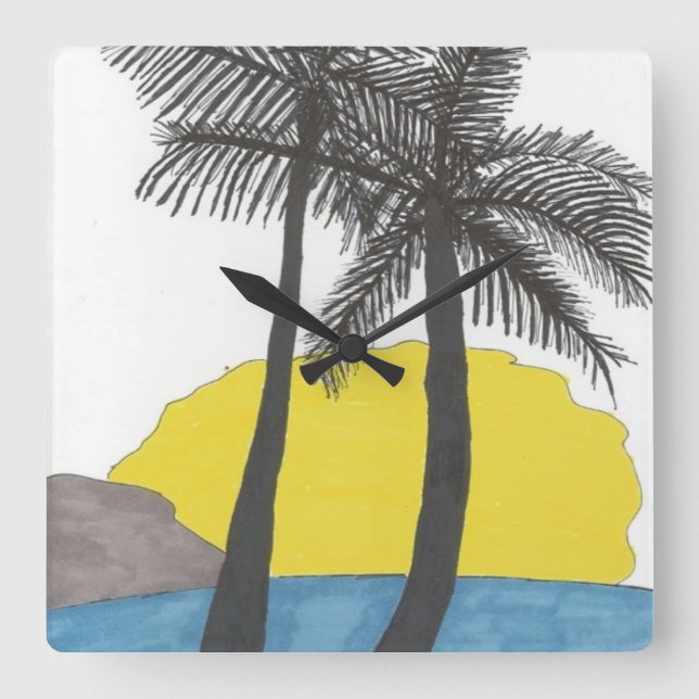 Reloj Cuadrado Amanecer del árbol de palmas (Anverso)