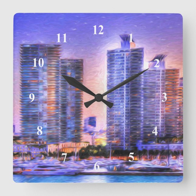 Reloj Cuadrado Amanecer del vibrante horizonte de Miami (Anverso)