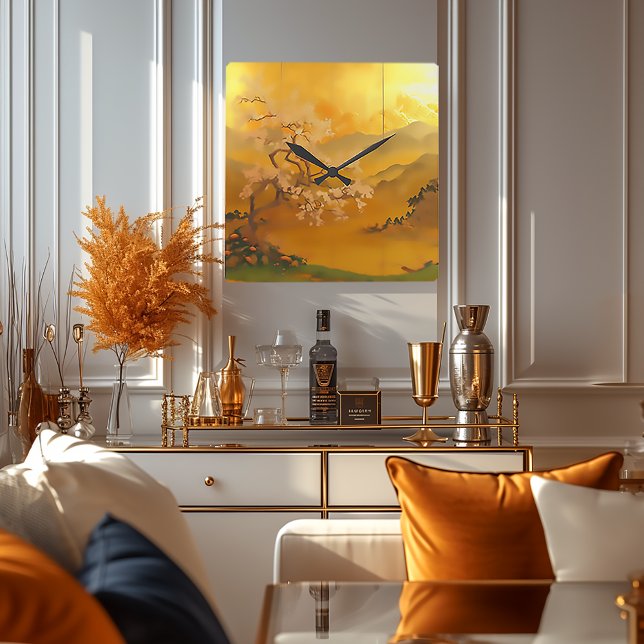 Reloj Cuadrado Amanecer Dorado: Elegante inspirado en Asia (Beautiful Japanese Panel Style Gold Wall Clock)