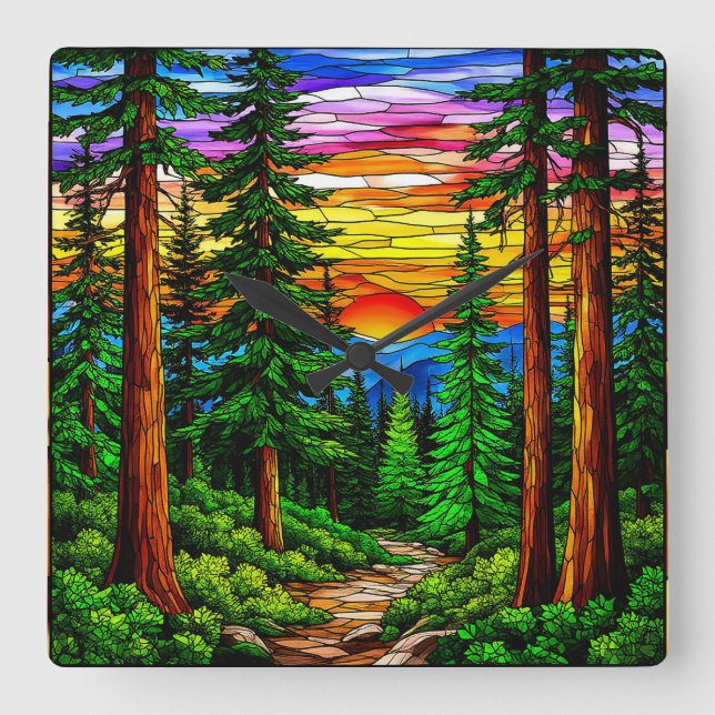 Reloj Cuadrado Amanecer sobre un paisaje forestal tranquilo (Anverso)