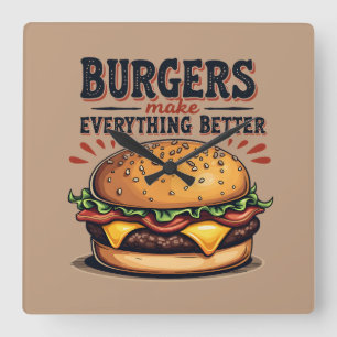 Reloj Cuadrado Amante de la Hamburguesa Retro Tipografía Vintage 