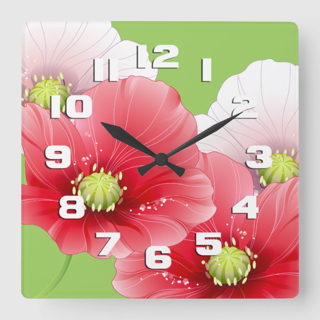 Reloj Cuadrado Amapolas bonitas florales (Anverso)