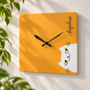 Reloj Cuadrado Amarillo blanco divertido del monograma del gato