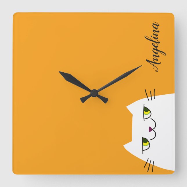 Reloj Cuadrado Amarillo blanco divertido del monograma del gato (Anverso)