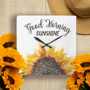 Reloj Cuadrado Amarillo Marrón Girasol Blanco Buenos Días Sol