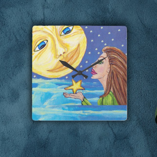 Reloj Cuadrado Amarillo sonriente Luna Cara Stars Fantasy Mujer (Woman holding star looking at yellow moon with face on blue night sky clouds on wall square clock.)
