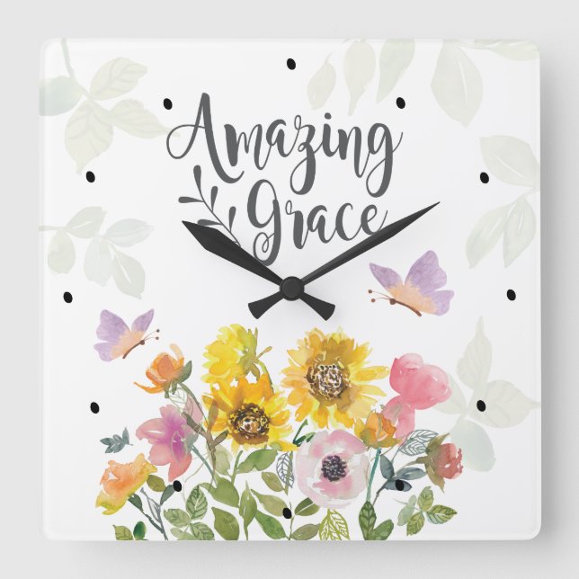 Reloj Cuadrado Amazing Grace Flowers and Butterflies Christian (Anverso)