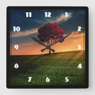 Reloj Cuadrado Amazing Landscape with a Red Tree at Sunset