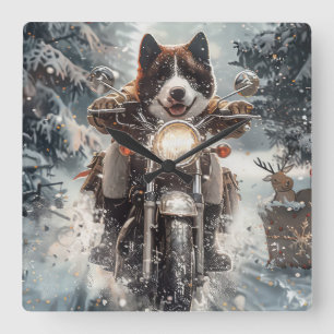 Reloj Cuadrado American Akita Perro Montando Motocicleta Navidad 
