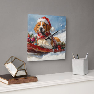Reloj Cuadrado American English Foxhound en trineo de Navidad