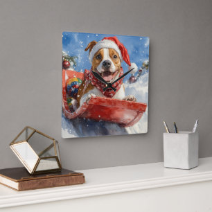 Reloj Cuadrado American Staffordshire en Trineo de Navidad