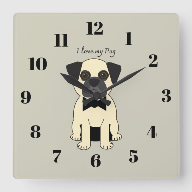 Reloj Cuadrado Amo a mi Pug (Anverso)