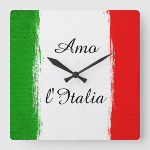 Reloj Cuadrado Amo Italia/ Bandera de Italia. Texto