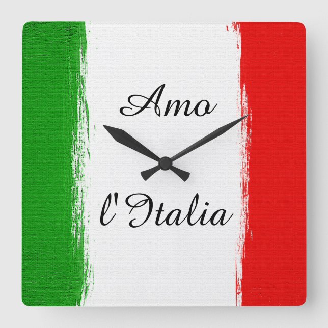 Reloj Cuadrado Amo Italia/ Bandera de Italia. Texto (Anverso)